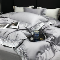 Thumbnail for Luxury White Gold Embroidery Hotel Grade Satin Silky Duvet Cover Set, 1000TC Egyptian Cotton Bedding Set