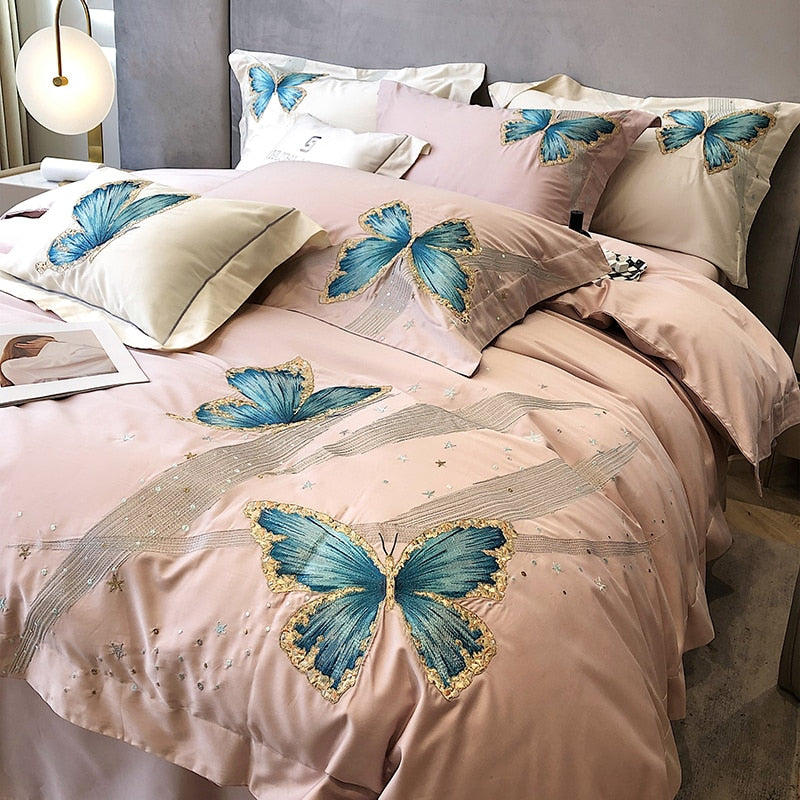 Luxury Green Gold Butterfly Embroidered Satin Soft Duvet Cover Set, 1000TC Egyptian Cotton Bedding Set