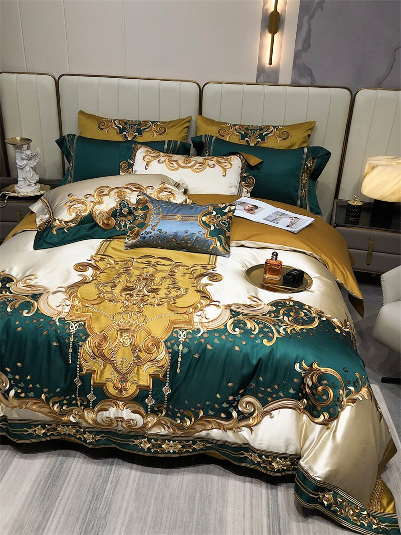 Luxury Gold Green Baroque Vintage Silk Embroidered Duvet Cover Set, 1200TC Egyptian Cotton Bedding Set