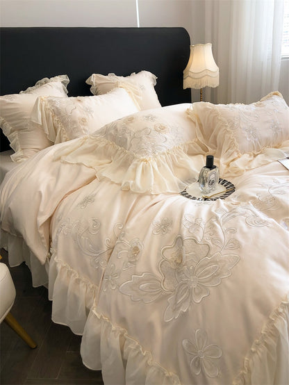 Premium Flowers Princess Europe Wedding Lace Ruffles Duvet Cover, 1000TC Egyptian Cotton Bedding Set
