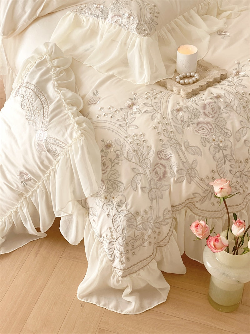 Luxury Rose Light Pink Embroidered Wedding Lace Ruffles Duvet Cover, 1400TC Egyptian Cotton Bedding Set