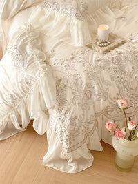 Thumbnail for Luxury Rose Light Pink Embroidered Wedding Lace Ruffles Duvet Cover, 1400TC Egyptian Cotton Bedding Set