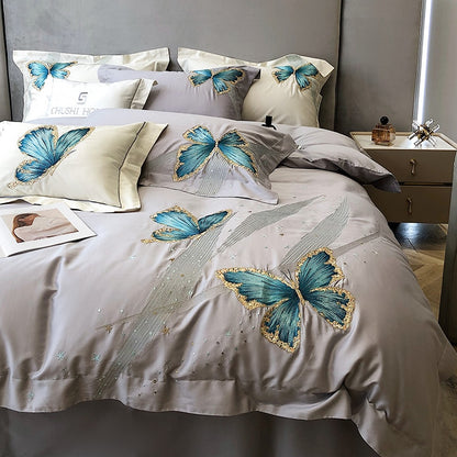 Luxury Green Gold Butterfly Embroidered Satin Soft Duvet Cover Set, 1000TC Egyptian Cotton Bedding Set