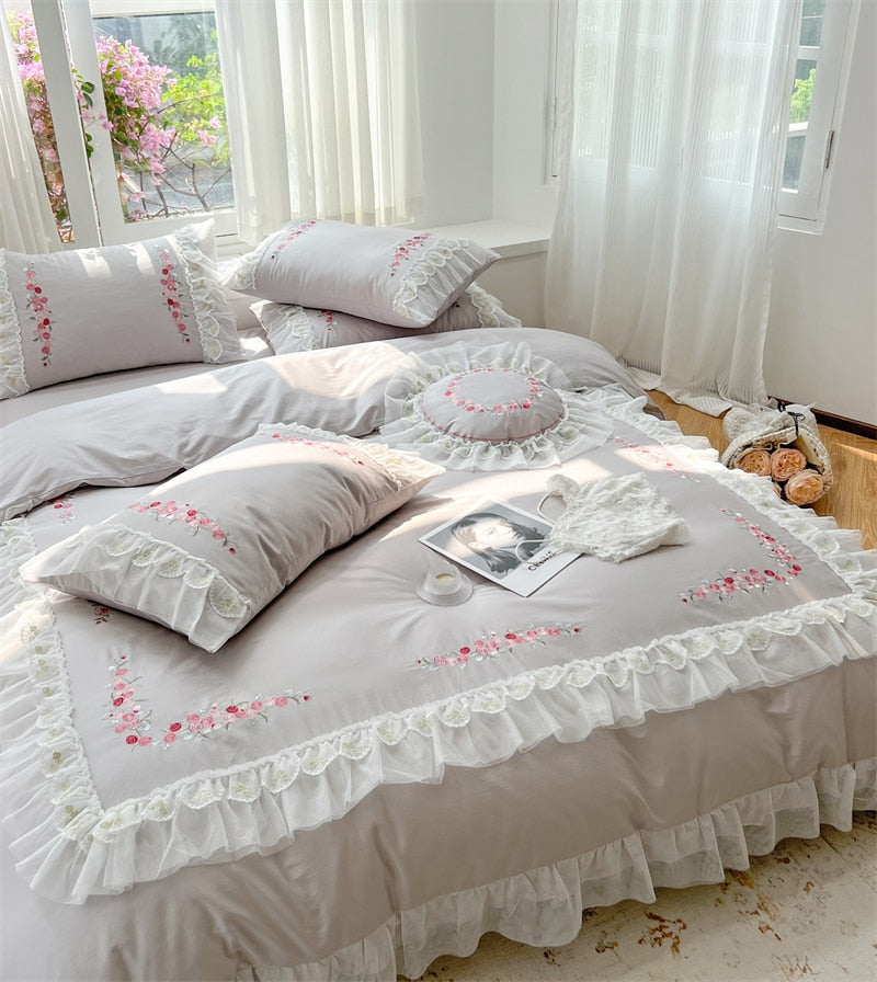 White Pink Rose Fairy Embroidery Princess Wedding Ruffles Duvet Cover, Egyptian Cotton 1000TC Bedding Set