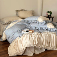 Thumbnail for Brown Blue Vintage French Floral Pleat European Duvet Cover Set Bed Skirt Washed Cotton Bedding Set