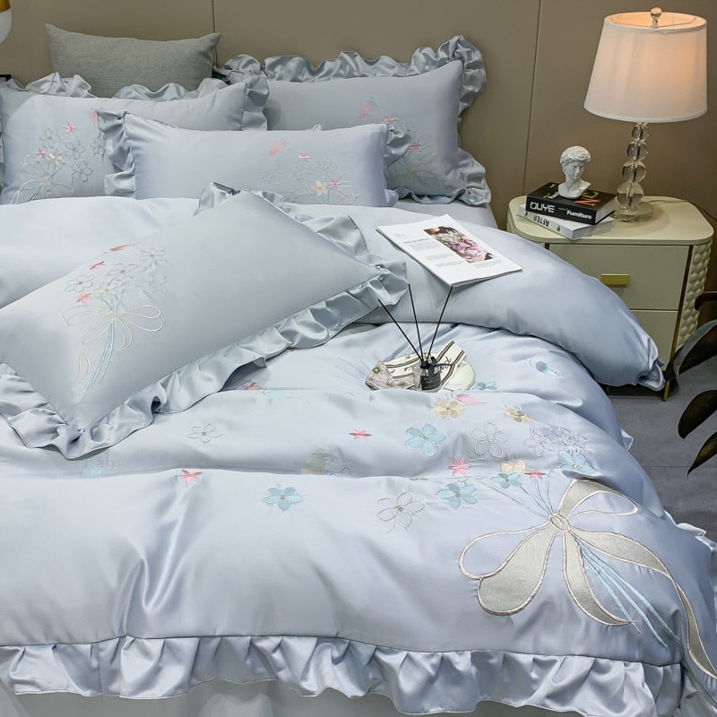 Luxury Butterfly Princess Chic Flowers Embroidery Ruffles Duvet Cover, Cotton 600TC Bedding Set