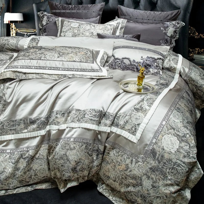 Luxury Baroque Embroidery Patchwork Duvet Cover Set, Silky Satin Cotton 1000TC Bedding Set