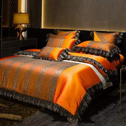 Gold Orange Baroque European Silky Duvet Cover Set Linen Satin 1000TC Bedding Set