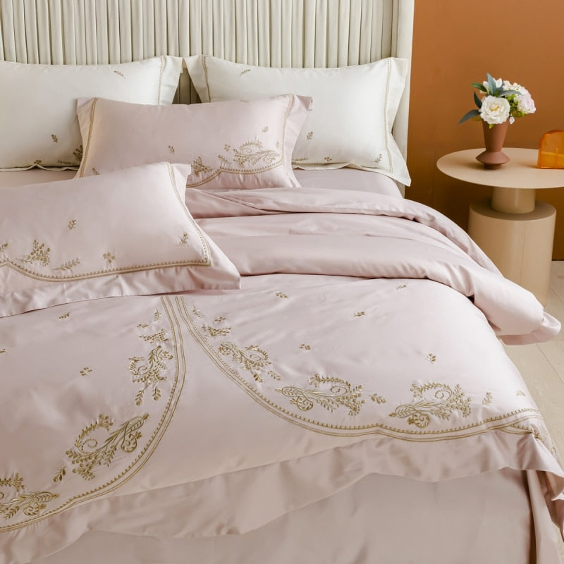 Luxury White Gold Wedding Embroidered Soft Quilt Duvet Cover Set, 1400TC Egyptian Cotton Bedding Set