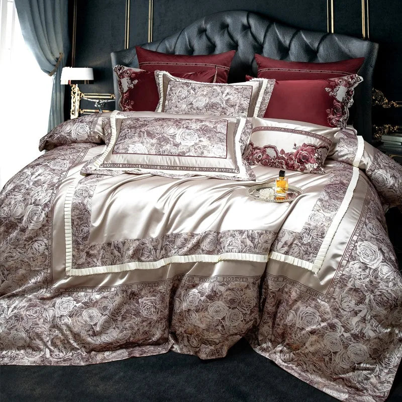 Luxury Baroque Embroidery Patchwork Duvet Cover Set, Silky Satin Cotton 1000TC Bedding Set