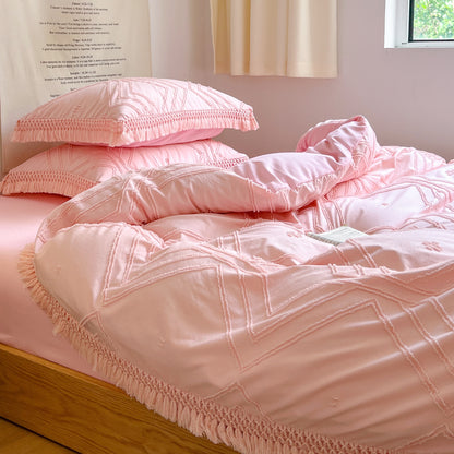 Brown White Pink Flower Tassel Edge Jacquard Bohemia Duvet Cover Set, Cotton 400TC Bedding Set