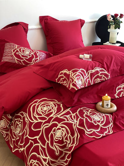 Luxury Burgundy Pink Rose Embroidery Duvet Cover Set, 1000TC Egyptian Cotton Bedding Set