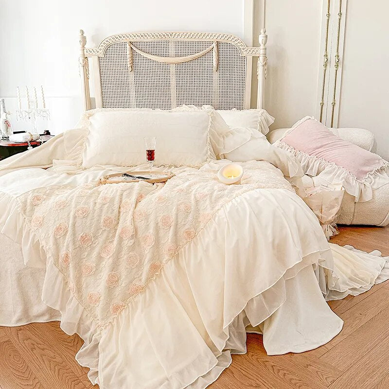 Pink White Rose Lace Ruffles French Wedding Velvet Fleece Duvet Cover Bedding Set