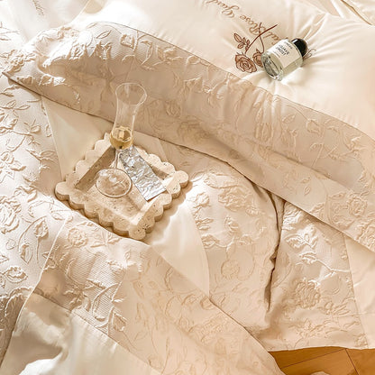 Premium White Pink French Lace Flowers Embroidered Duvet Cover, 1200TC Egyptian Cotton Bedding Set