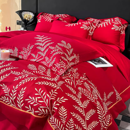 Luxury Gold Red Leaves Family Embroidered Duvet Cover, Egyptian Cotton Bedding Set