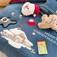 Thumbnail for Santa Snowman Embroidered Cartoon Gifts Duvet Cover Set, Velvet Fleece Bedding Set