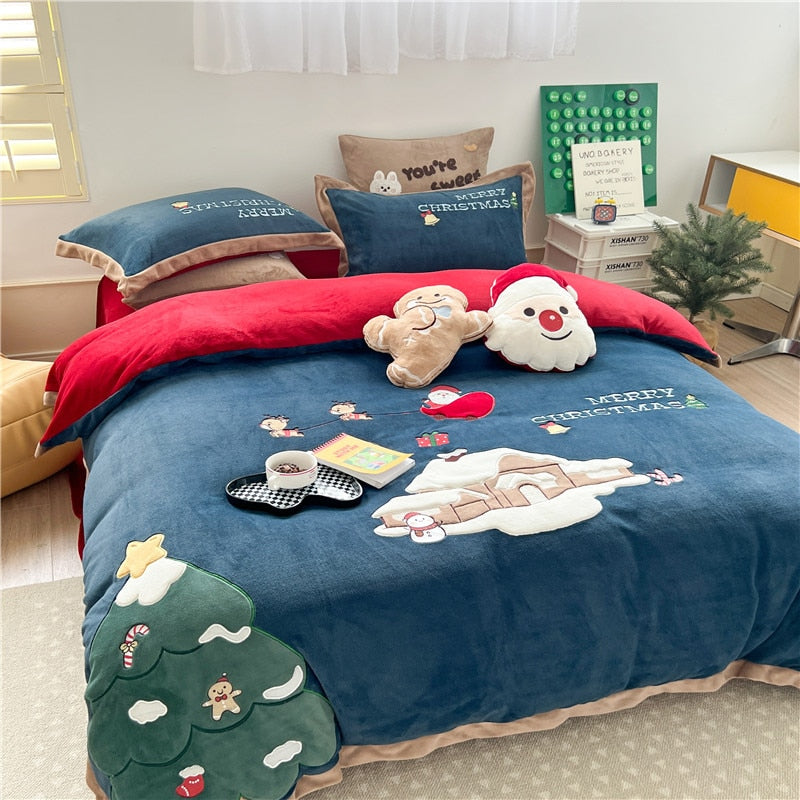 Santa Snowman Embroidered Cartoon Gifts Duvet Cover Set, Velvet Fleece Bedding Set