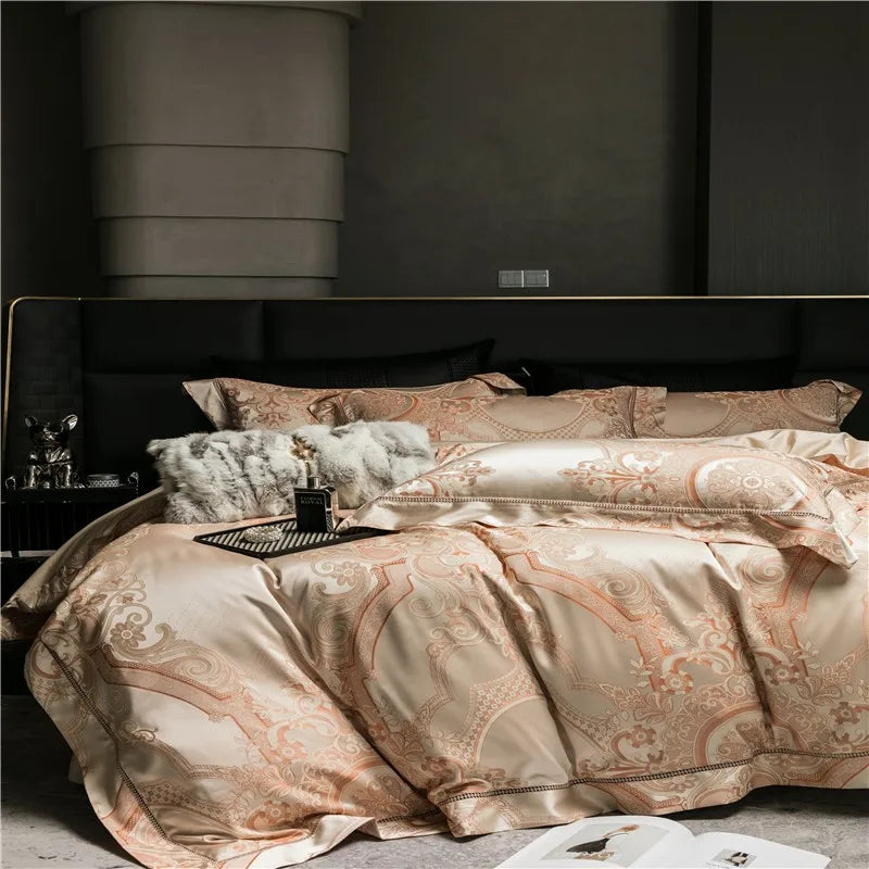 Luxury European Baroque Satin Jacquard Nature Silky Egyptian Cotton 1000TC Duvet Cover Bedding Set