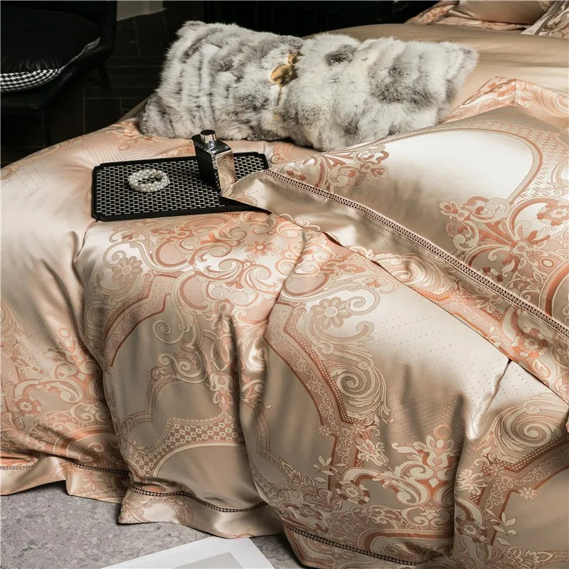 Luxury European Baroque Satin Jacquard Nature Silky Egyptian Cotton 1000TC Duvet Cover Bedding Set