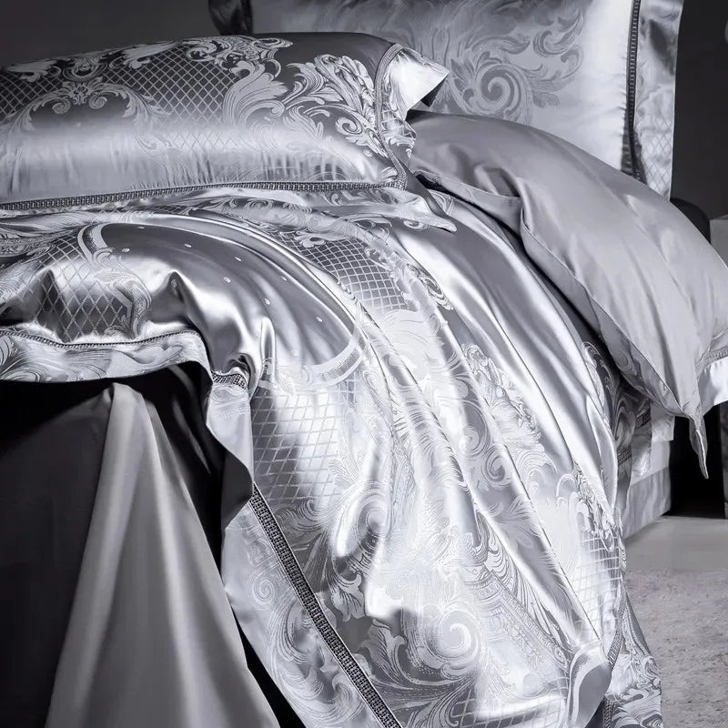 Luxury Satin Silver Baroque Woven Jacquard Cotton 1000TC Duvet Cover Bedding Set