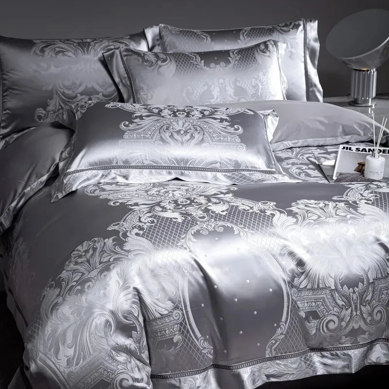 Luxury Satin Silver Baroque Woven Jacquard Cotton 1000TC Duvet Cover Bedding Set