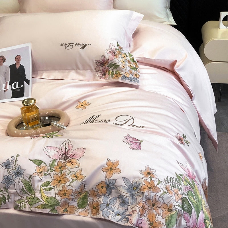 Pink White Lilly Flower Embroidery Egyptian Cotton Luxury Duvet Cover Bedding Set