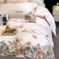 Thumbnail for Pink White Lilly Flower Embroidery Egyptian Cotton Luxury Duvet Cover Bedding Set