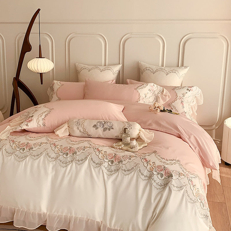 Pink Romantic French Princess Rose Lace Ruffles Duvet Cover, 1000TC Egyptian Cotton Bedding Set