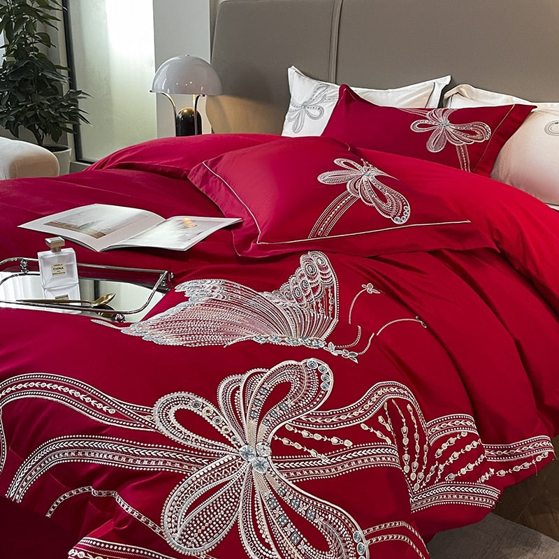 Premium White Burgundy Big Butterfly Wedding Duvet Cover Set, Egyptian Cotton Bedding Set