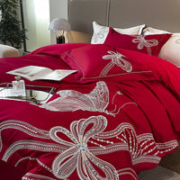Thumbnail for Premium White Burgundy Big Butterfly Wedding Duvet Cover Set, Egyptian Cotton Bedding Set