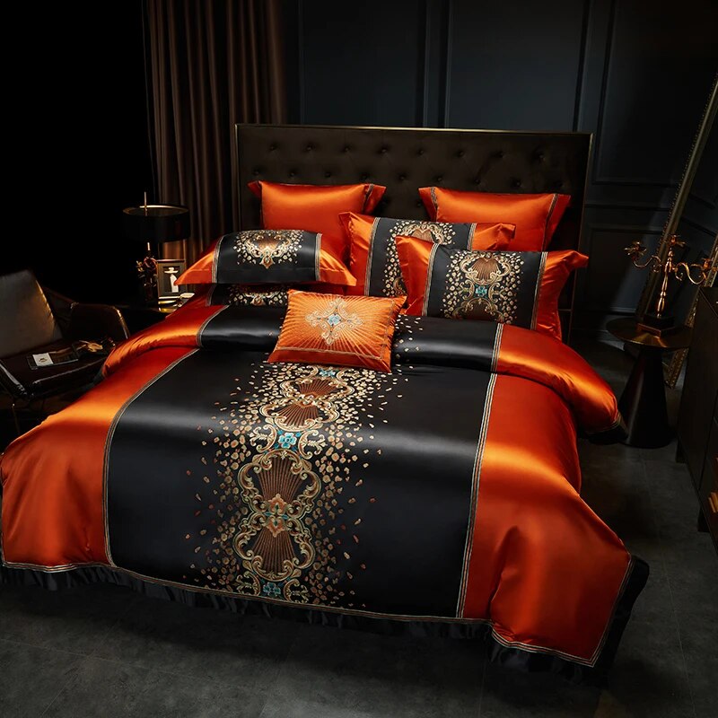 Black Red Gold Luxury Baroque Palace Embroidery Patchwork Duvet Cover, Egyptian Cotton 1000TC Bedding Set