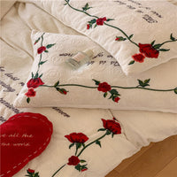 Thumbnail for Red Rose Carved Velvet Embroidered Wedding Duvet Cover Set, Fleece Duvet Cover Fleece Fabric Bedding Set
