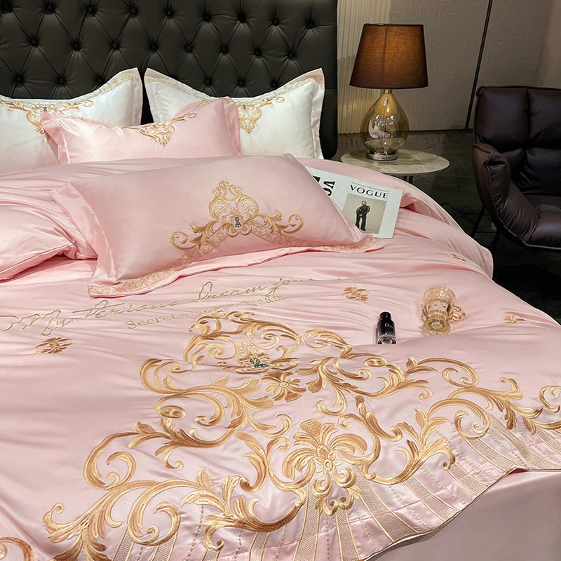 Luxury White Gold Baroque Europe Embroidery Duvet Cover Set, Polyester Bedding Set