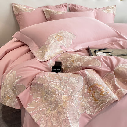 Luxury Red White Flowers Nature Embroidery Duvet Cover Set, 600TC Egyptian Cotton Bedding Set
