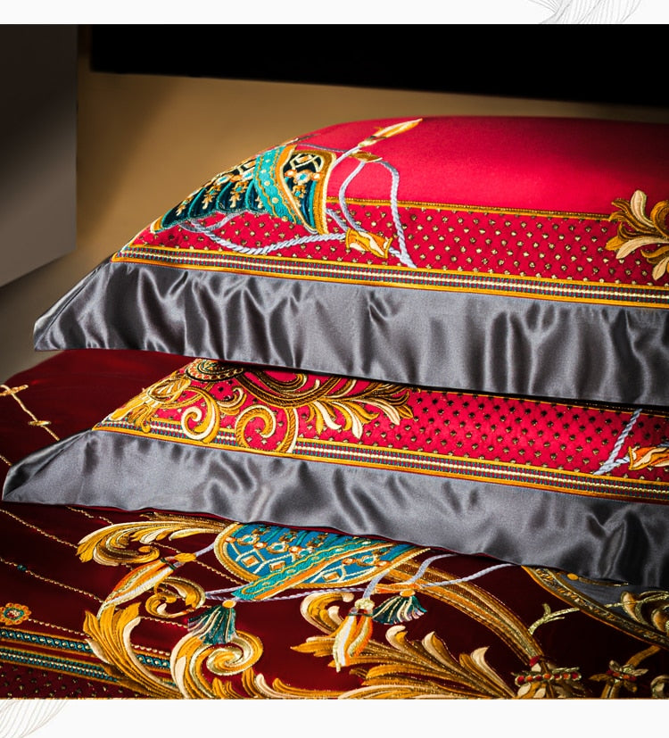 Luxury Red Gold European Horse Jacquard Embroidered Wedding Duvet Cover Set, 1200TC Egyptian Cotton Bedding Set