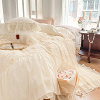 Thumbnail for Pink White Rose Lace Ruffles French Wedding Velvet Fleece Duvet Cover Bedding Set