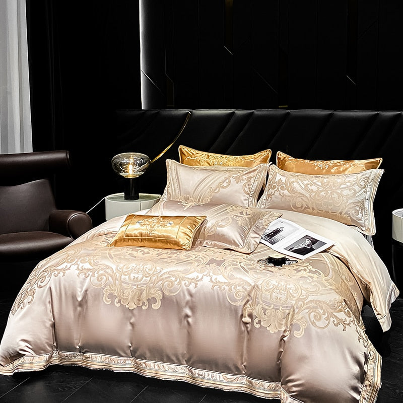 Gold Champagne Vintage Luxury European Silky Jacquard Egyptian Cotton 1000TC Duvet Cover Bedding Set