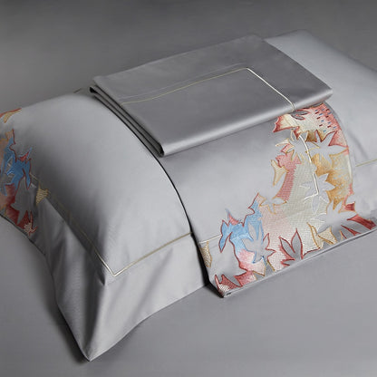 Premium White Grey Leaf Nature Europe Embroidered Duvet Cover, Egyptian Cotton 1000TC Bedding Set