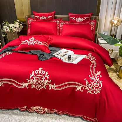 White Gold Red Luxury Baroque Europe Embroidery Duvet Cover Set, 600TC Cotton Bedding Set
