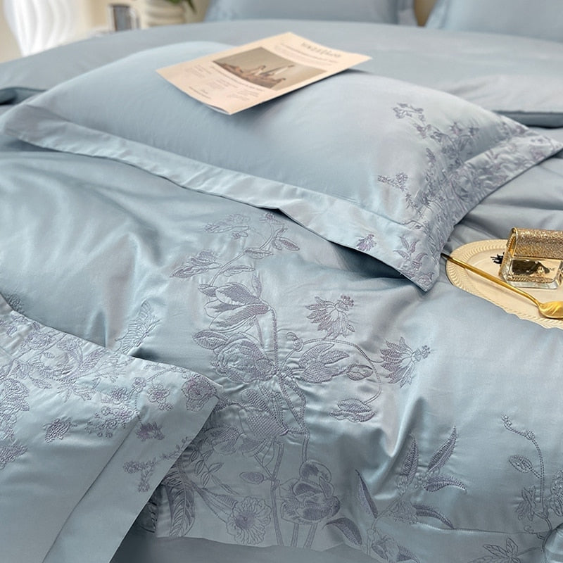 Luxury Butterfly Flowers Europe Embroidery Winter Duvet Cover Set, 600TC Egyptian Cotton Bedding Set