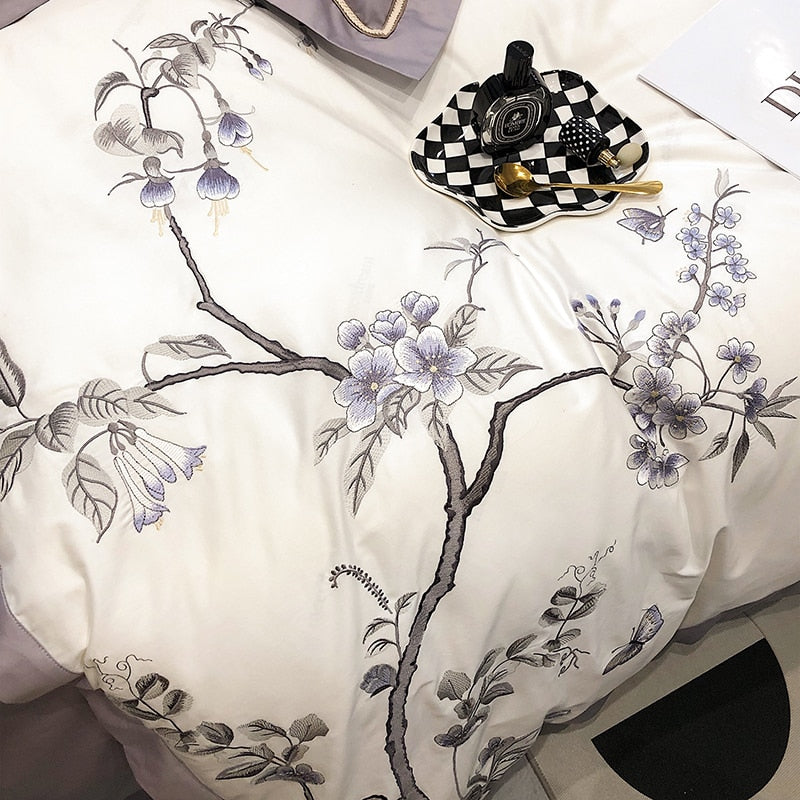 Luxury American Purple Butterfly Embroidered Duvet Cover Set, 1000tc Egyptian Cotton Bedding Set