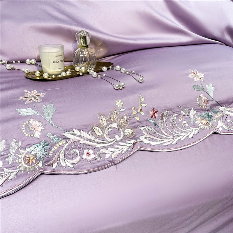 Pink Green Luxury Europe Elegant Floral Embroidery Duvet Cover, 1000TC Egyptian Cotton Bedding Set