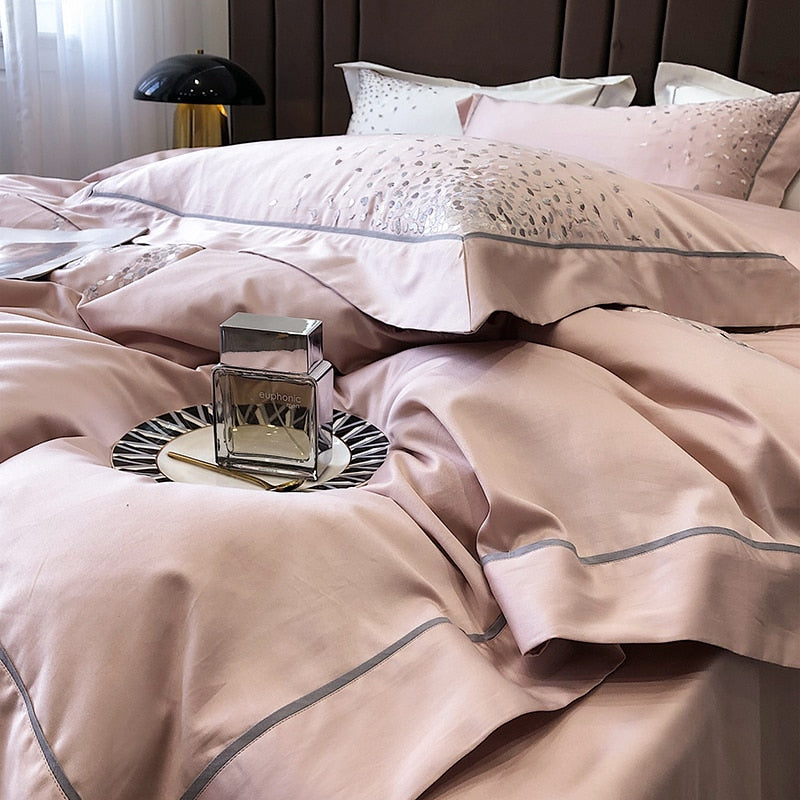 Luxury White Pink Dot Print Flowers Flower Duvet Cover Set, 1000TC Egyptian Cotton Bedding Set