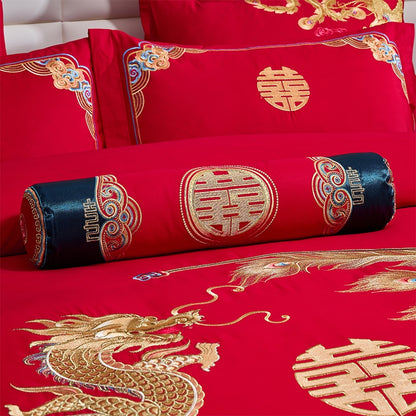 Gold Red Dragon Phenic Luxury Wedding Embroidered Egyptian Cotton 1000TC Duvet Cover Bedding