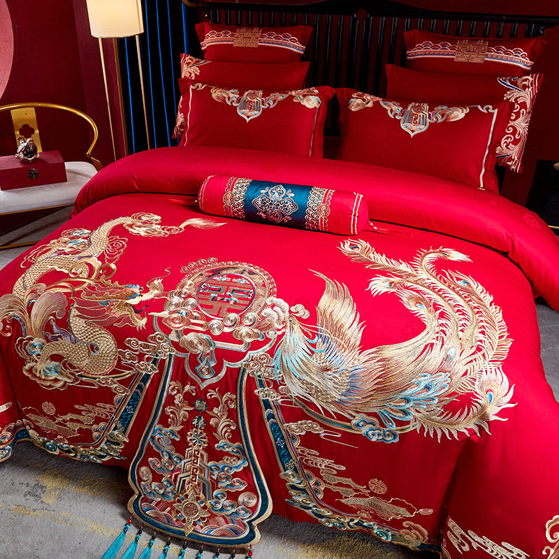 Red Gold Cloud Dragon Phoenix Wealth Wedding Tassel Duvet Cover Set, 1200TC Egyptian Cotton Bedding Set