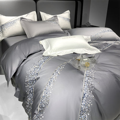 Luxury Silver White Chic Wedding Soft Satin Silky Duvet Cover Set, 1200TC Egyptian Cotton Bedding Set