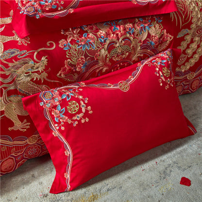 Luxury Red Gold Phoenix Europe Wedding Duvet Cover Set, Egyptian Cotton 1000TC Bedding Set