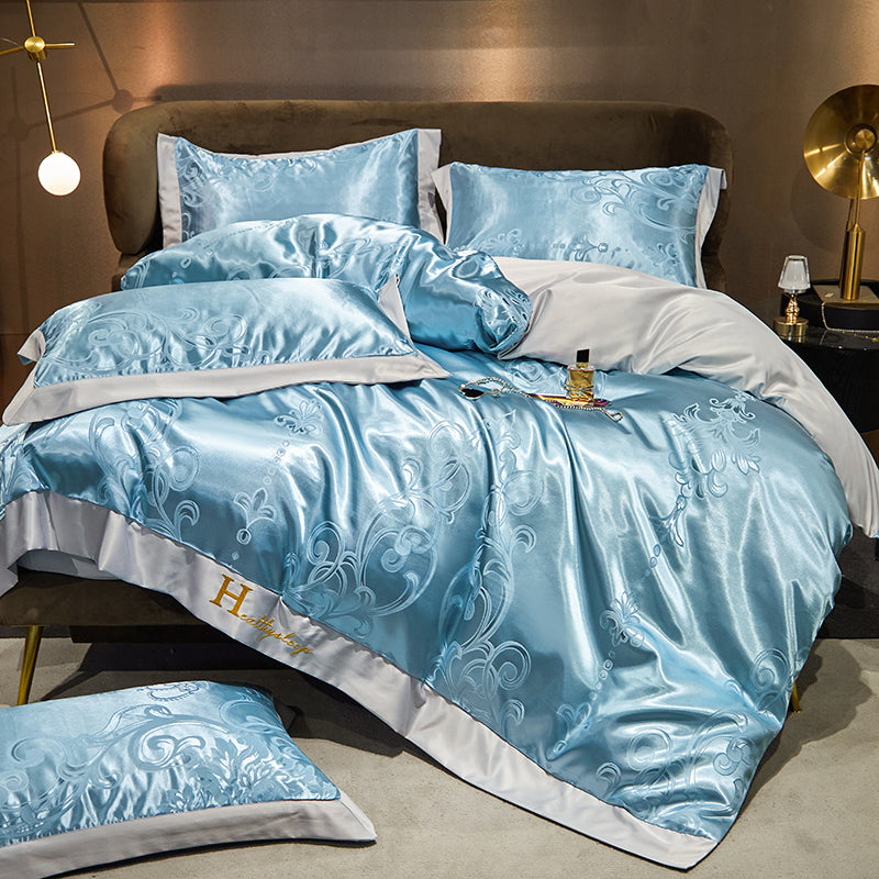 Premium Quality Silk Golden Jacquard Boho Embroidered Duvet Cover Bedding Set