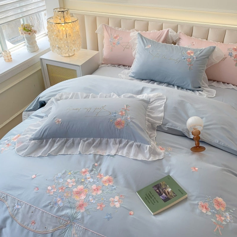 Pink Blue Luxury Romantic Lace Ruffles Flowers Wedding Duvet Cover, Egyptian Cotton 1200TC Bedding Set