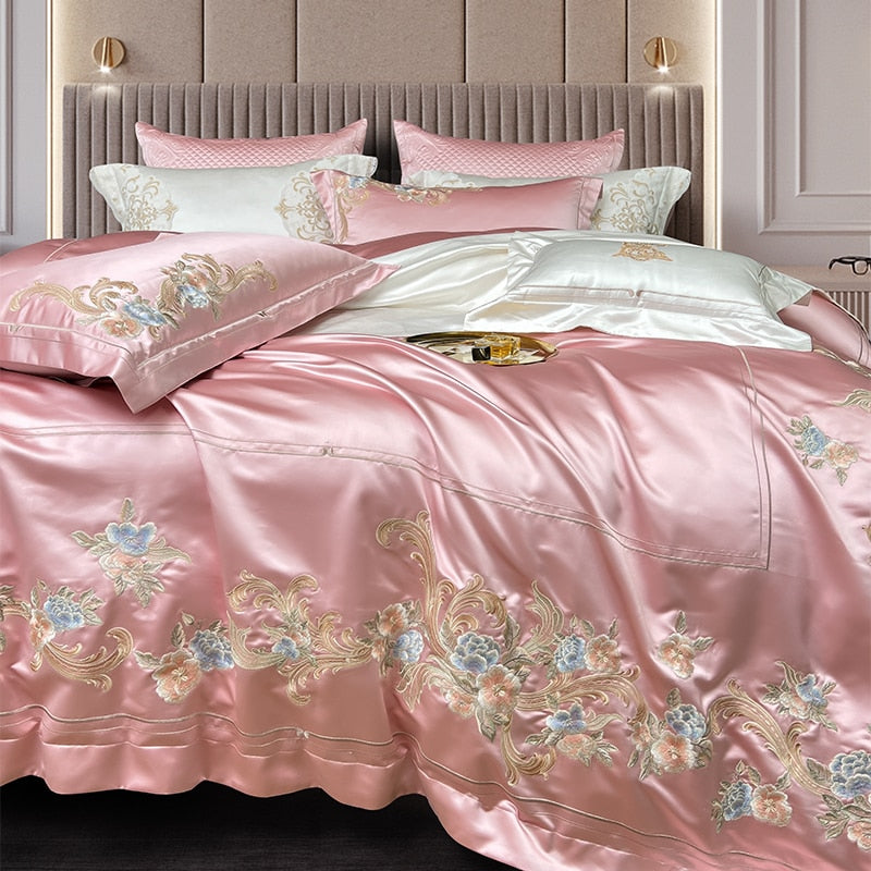 White Pink Baroque Luxury Egyptian Cotton 1000 Thread Count Embroidered Duvet Cover Bedding Set